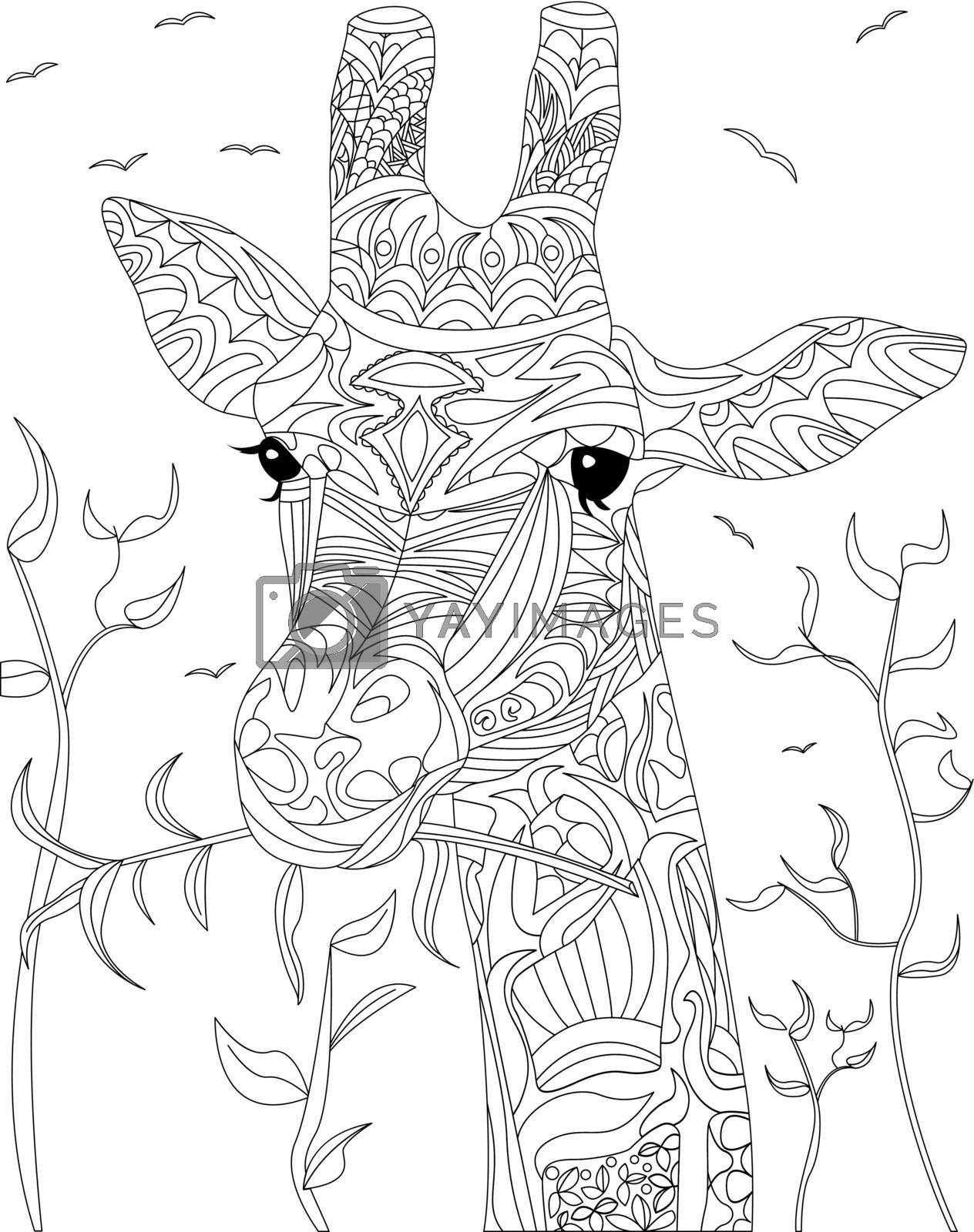 Royalty free image of Coloring Book Page With Head Of Giraffe Looking Calm And Eating Plants. Sheet To Be Colored With Camelopard With Trees In Background And Birds In Sky. by nialowwa