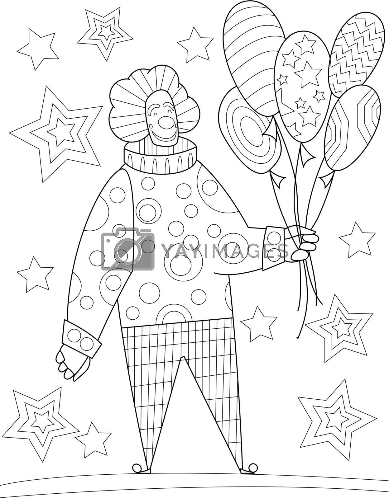 Royalty free image of Coloring Book Page With Clown Holding Balloons With Different Designs In One Hand. Sheet To Be Colored With Comedian With Stars In Background. Amusing Man Celebrating Birthday by nialowwa
