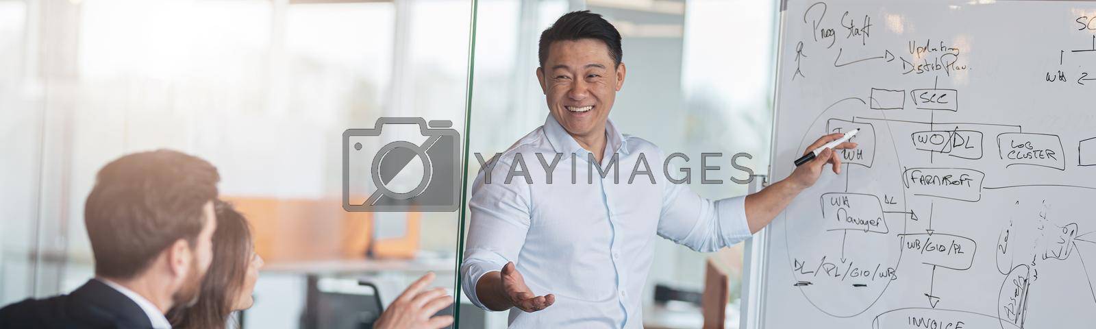 Royalty free image of Mature asian coach or speaker make flip chart presentation to diverse businesspeople at meeting by Yaroslav_astakhov