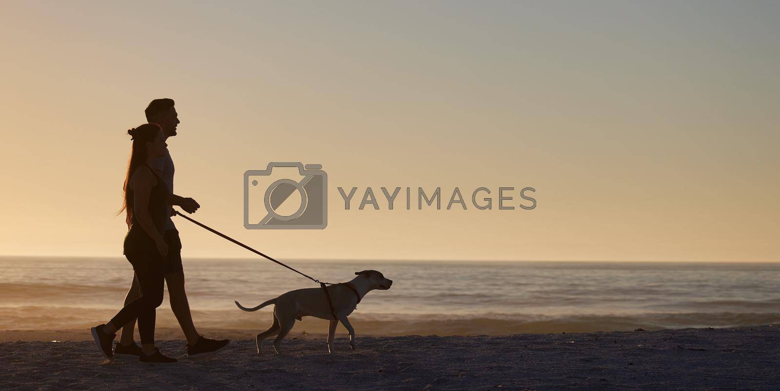 Royalty free image of Our for a walk with our fur baby. a couple out for walk at the beach with their dog. by YuriArcurs