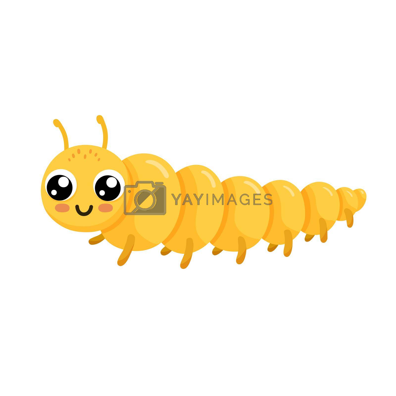 Cute yellow smiling caterpillar isolated on white background. Funny insect and garden animals for children. Flat cartoon vector illustration