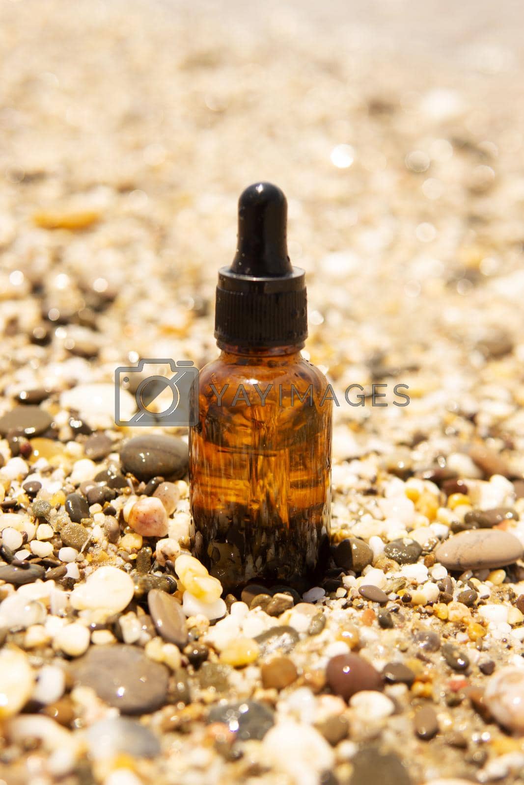 Royalty free image of Cosmetic serum in a glass bottle with a pipette on stones by Annu1tochka