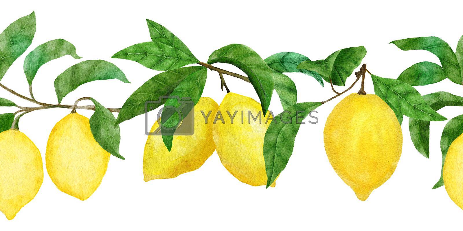 Royalty free image of Hand drawn watercolor seamless border with yellow citrus lemons. Bright summer holiday vintage frame, tasty fruit healthy juicy ripe. by Lagmar
