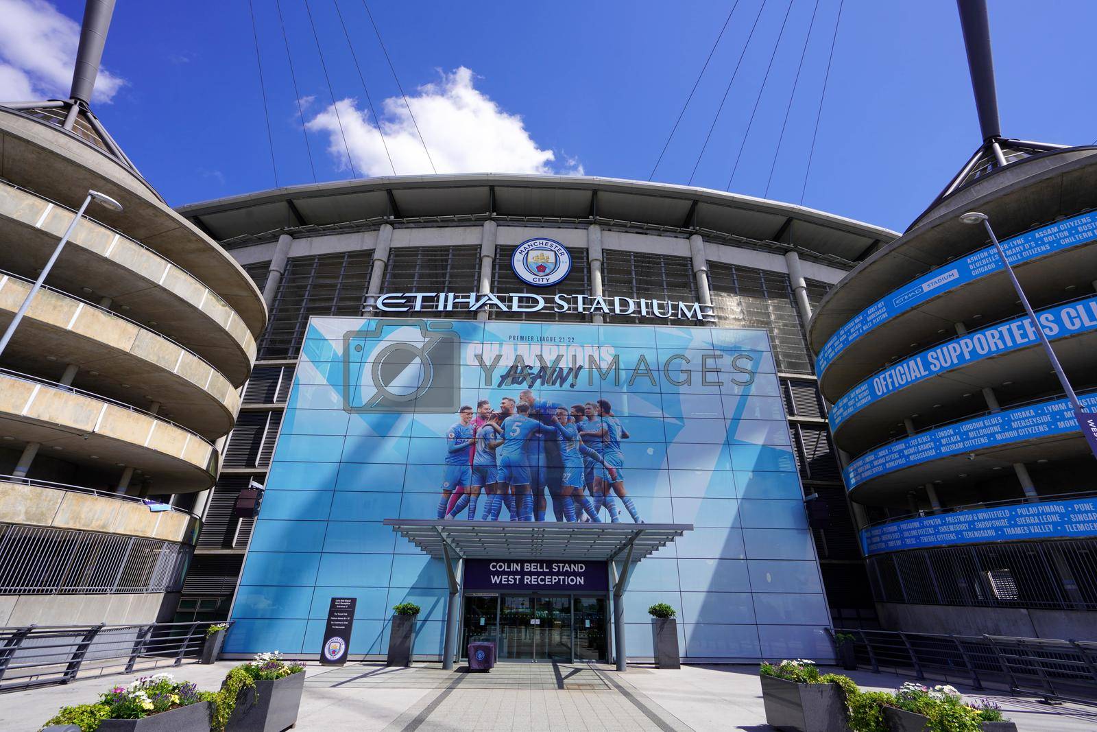 MANCHESTER, UNITED KINGDOM - JULY 13, 2022: facade of City of Manchester Stadium also known Etihad Stadium the home ground of Manchester City FC