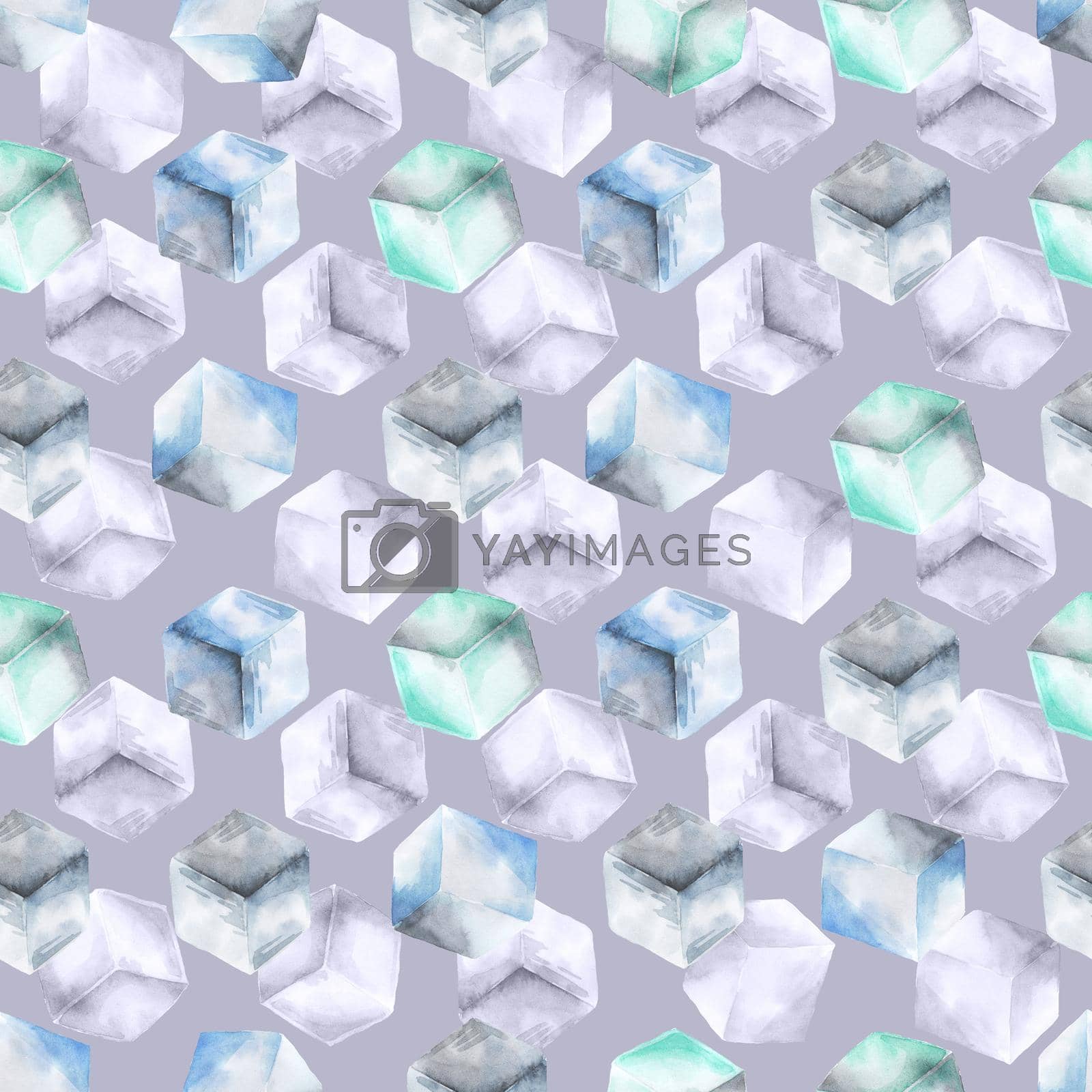 Royalty free image of Ice cube seamless pattern on violet background. Hand drawn watercolor illustration by fireFLYart