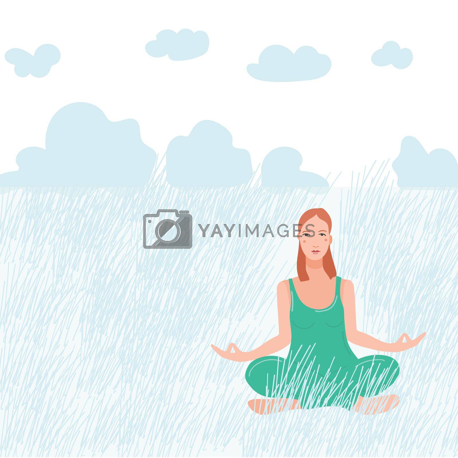 Young pretty woman sitting on nature and performing yoga exercise. Female cartoon character sitting in lotus posture and meditating vipassana meditation. Girl with crossed legs flat isolated.