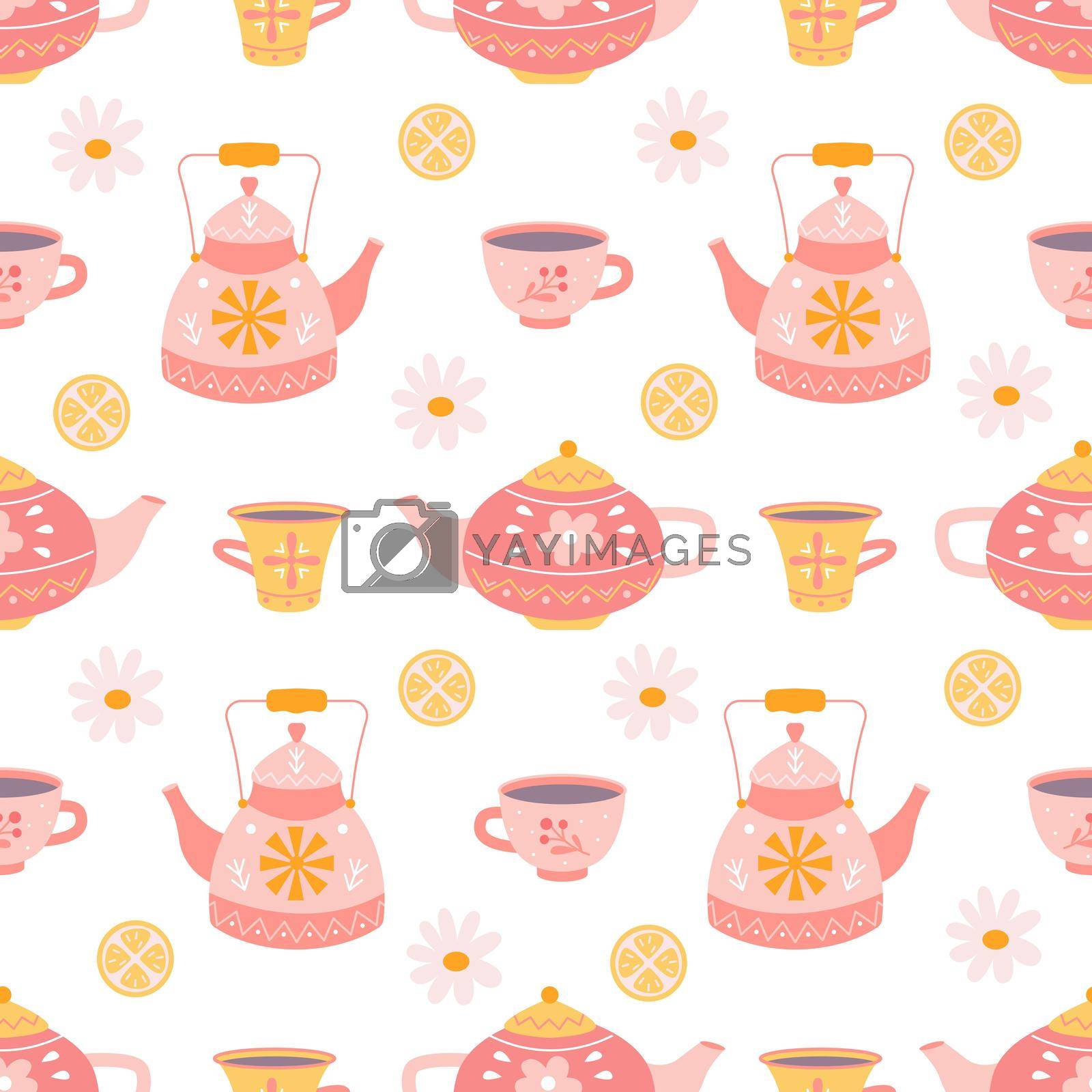 Royalty free image of Teapots and mugs with tea, daisies and lemon on white background, vector seamless pattern in flat hand drawn style by vetriciya_art