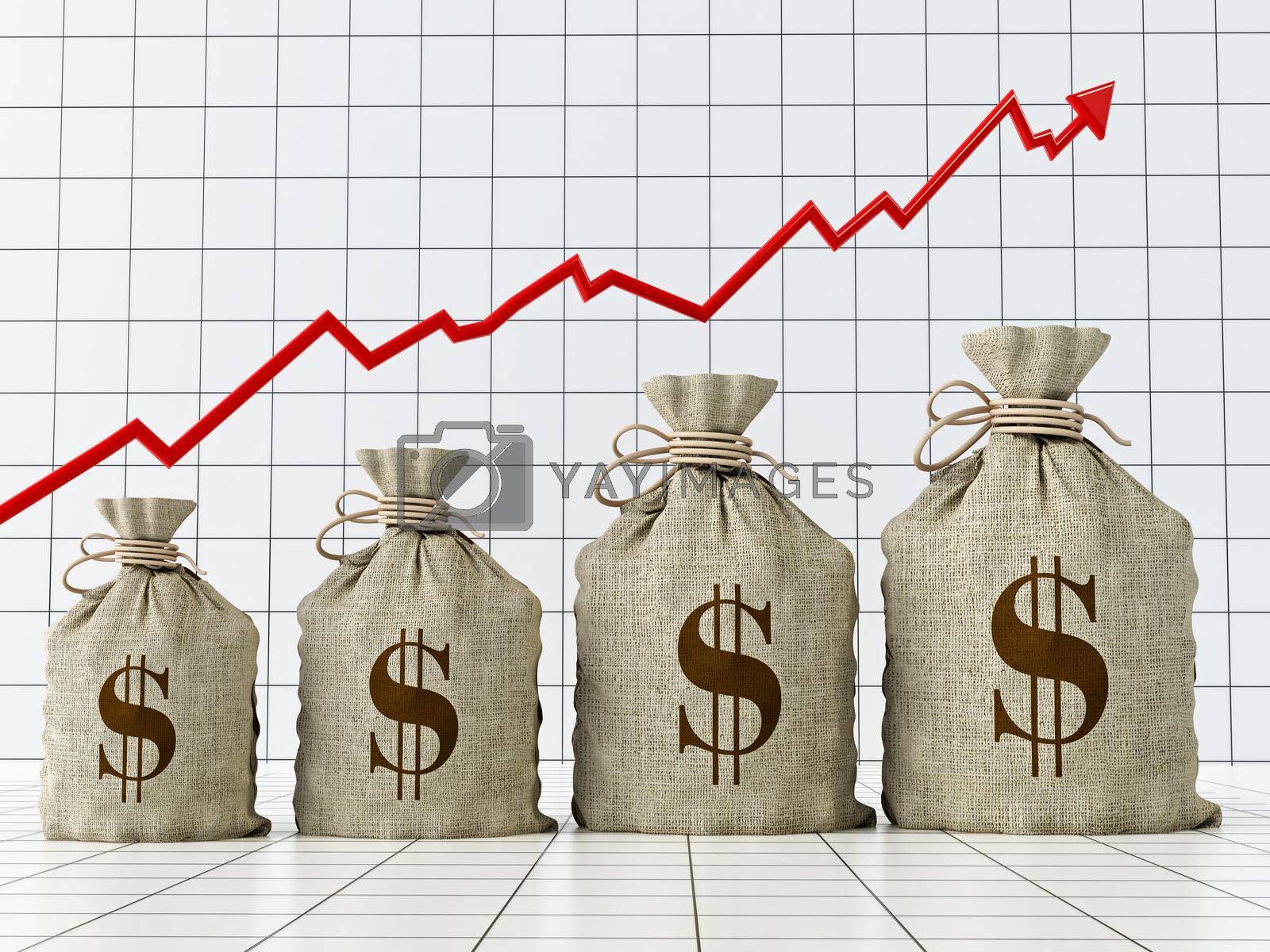 Royalty free image of Sacks with Dollar symbol under rising arrow growing in size. 3D illustration by Simsek