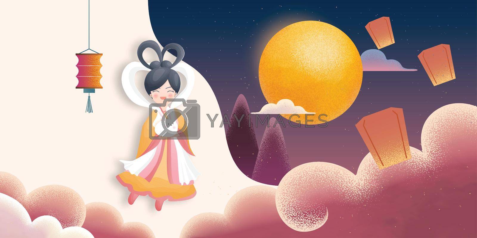 Royalty free image of Happy mid autumn festival with beautiful lotus and girl holding bunny by Vinhsino