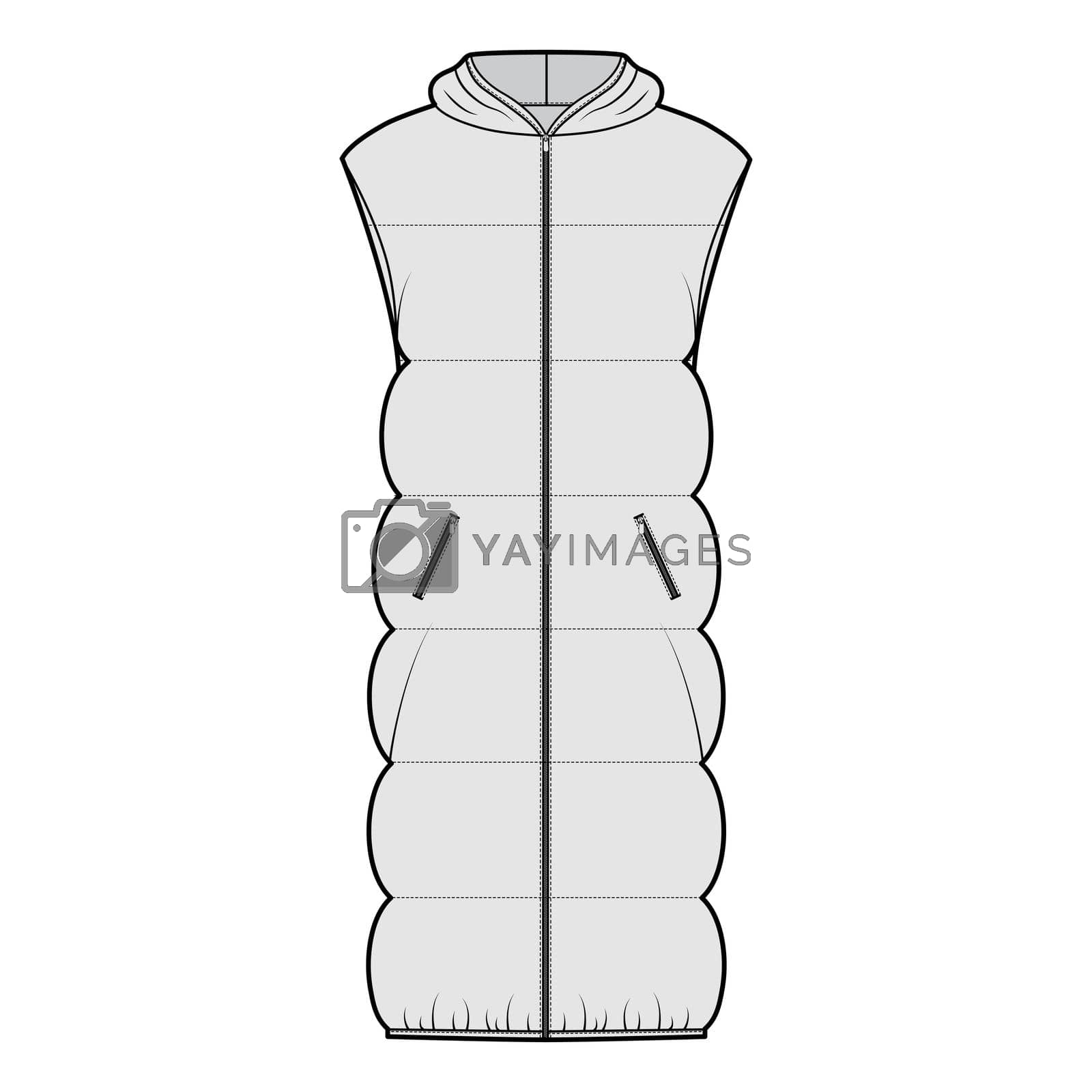 Royalty free image of Down vest puffer waistcoat technical fashion illustration with sleeveless, hoody collar, zip-up closure, oversized by Vectoressa