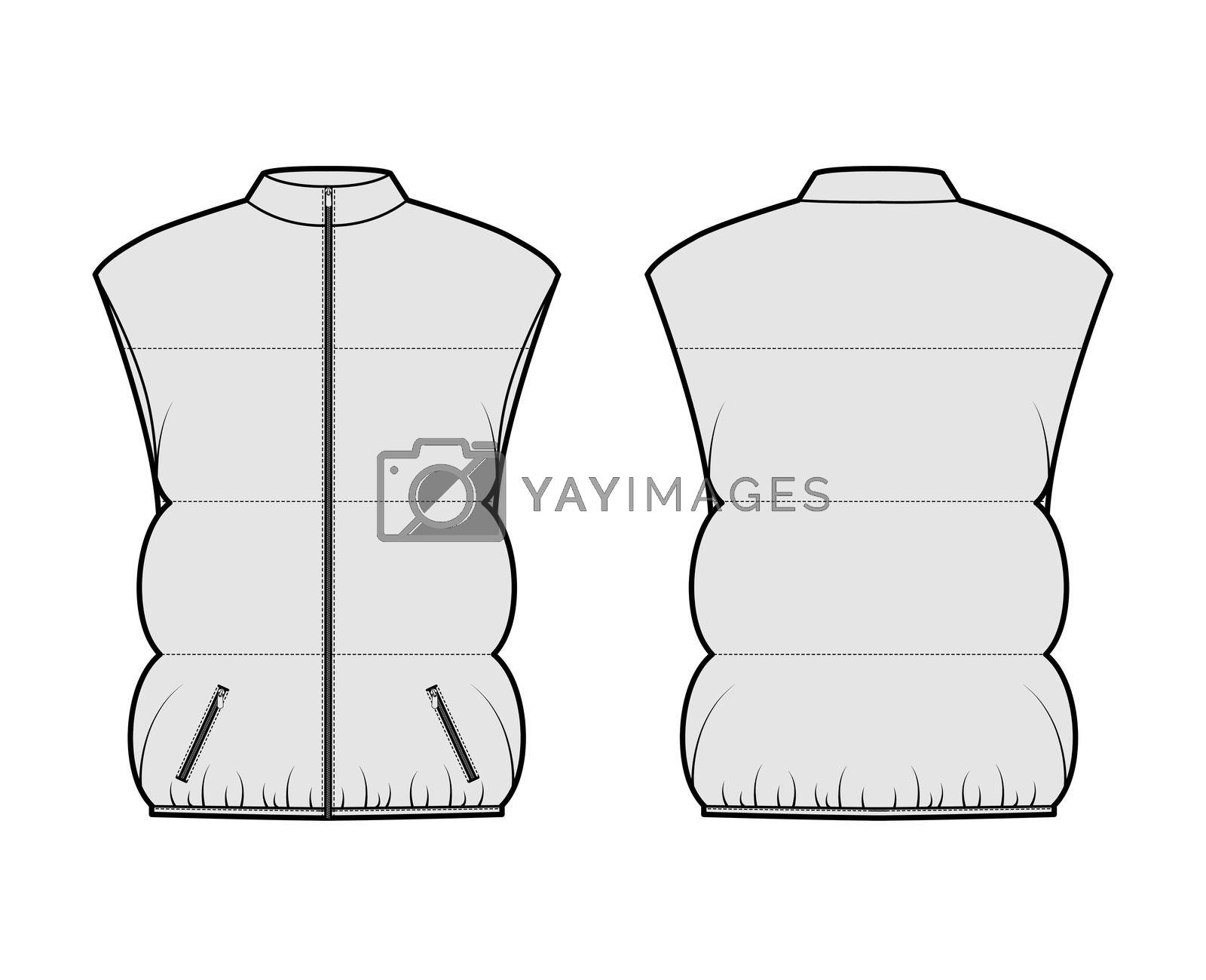 Royalty free image of Down vest puffer waistcoat technical fashion illustration with sleeveless, stand collar, pockets, oversized, hip length by Vectoressa