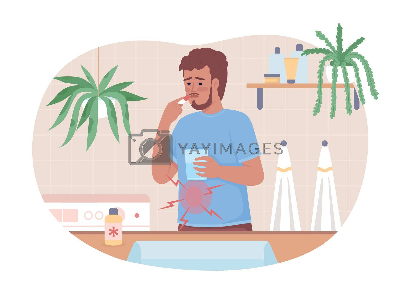Royalty free image of Man with stomach ache taking drugs at home 2D vector isolated illustration by ntl