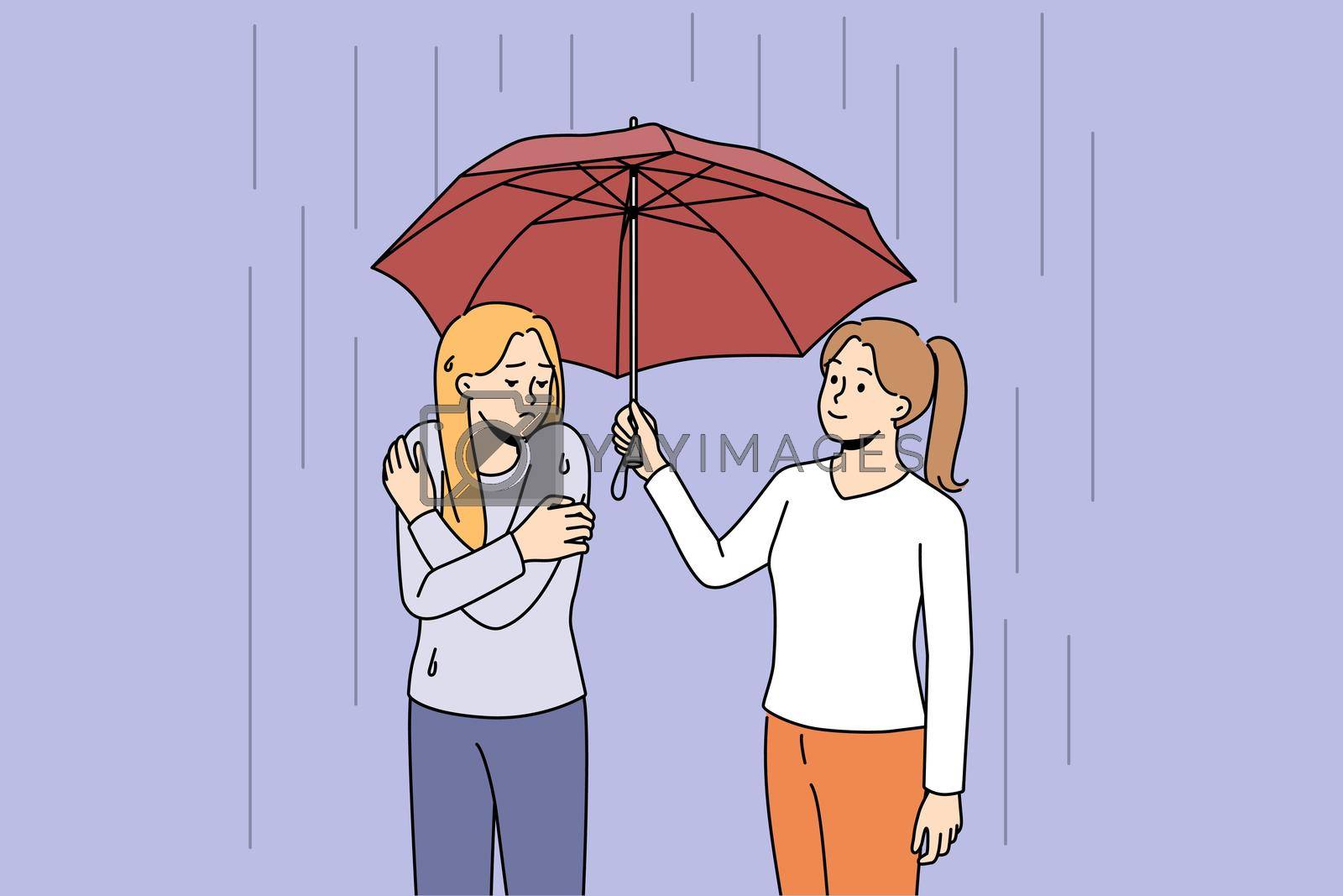 Royalty free image of Caring woman share umbrella with friend by VECTORIUM