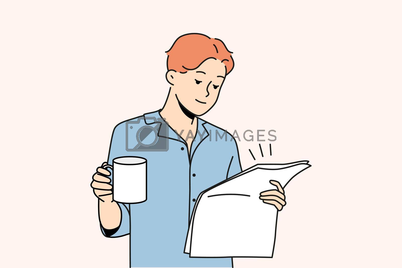 Happy young man in pyjama drinking coffee reading newspaper. Smiling male enjoy morning at home. Daily routine. Vector illustration.
