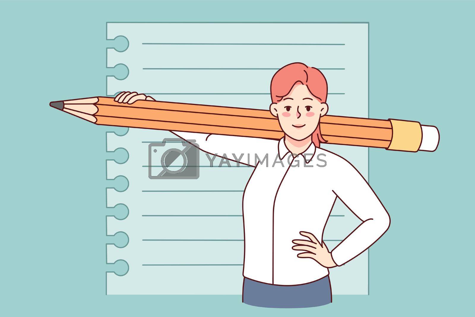 Royalty free image of Smiling woman with huge pencil by Vasilyeva