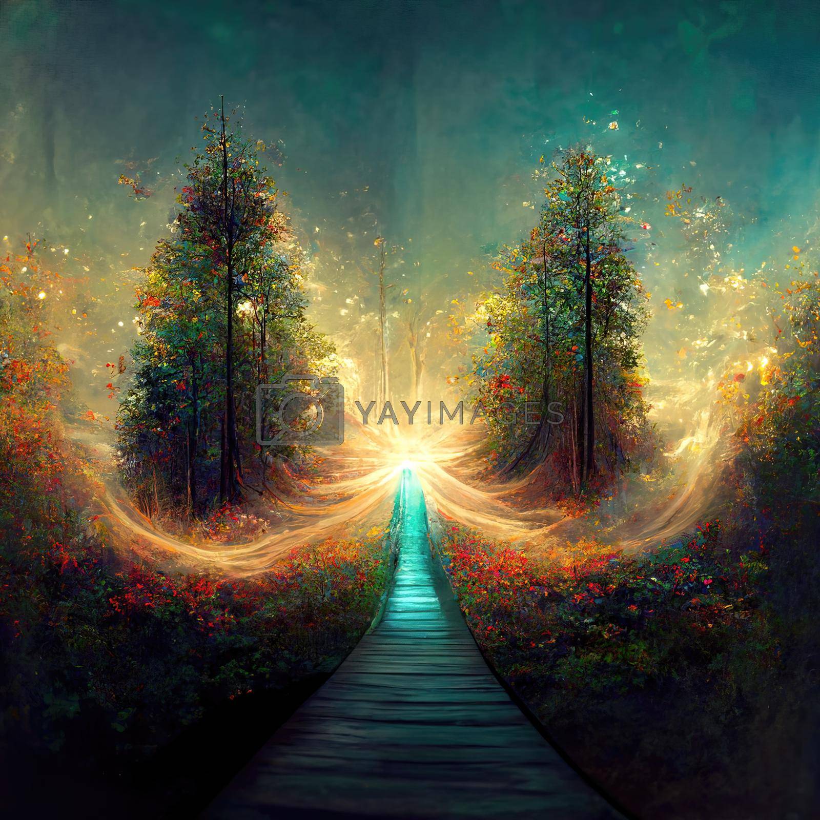Royalty free image of Surreal path of gratitude in forest with amazing light, 3d illustration by Farcas