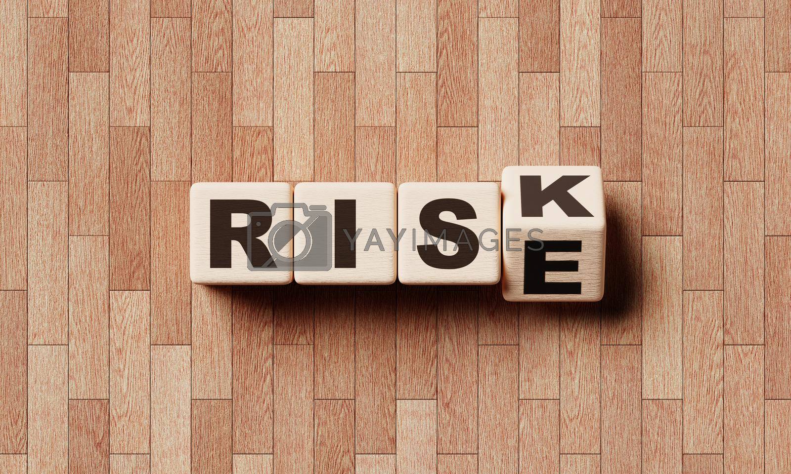 Royalty free image of Risk and rise wooden block cube on laminate floor. Financial risk management and business economy growth performance concept. Planning strategies and achieving goals theme. 3D illustration rendering by MiniStocker