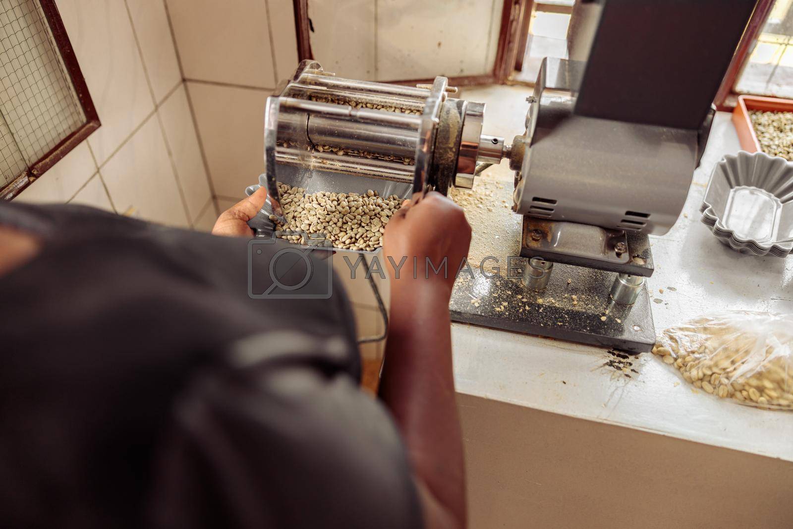 Royalty free image of Female worker screening coffee beans on special equipment by Yaroslav_astakhov