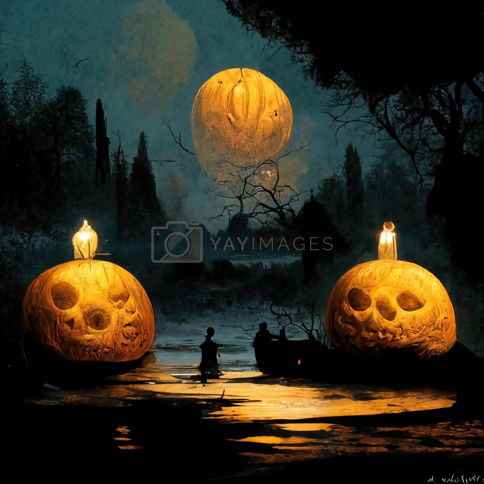 Royalty free image of Pumpkins in the graveyard, spooky night, 3d Illustration by Farcas