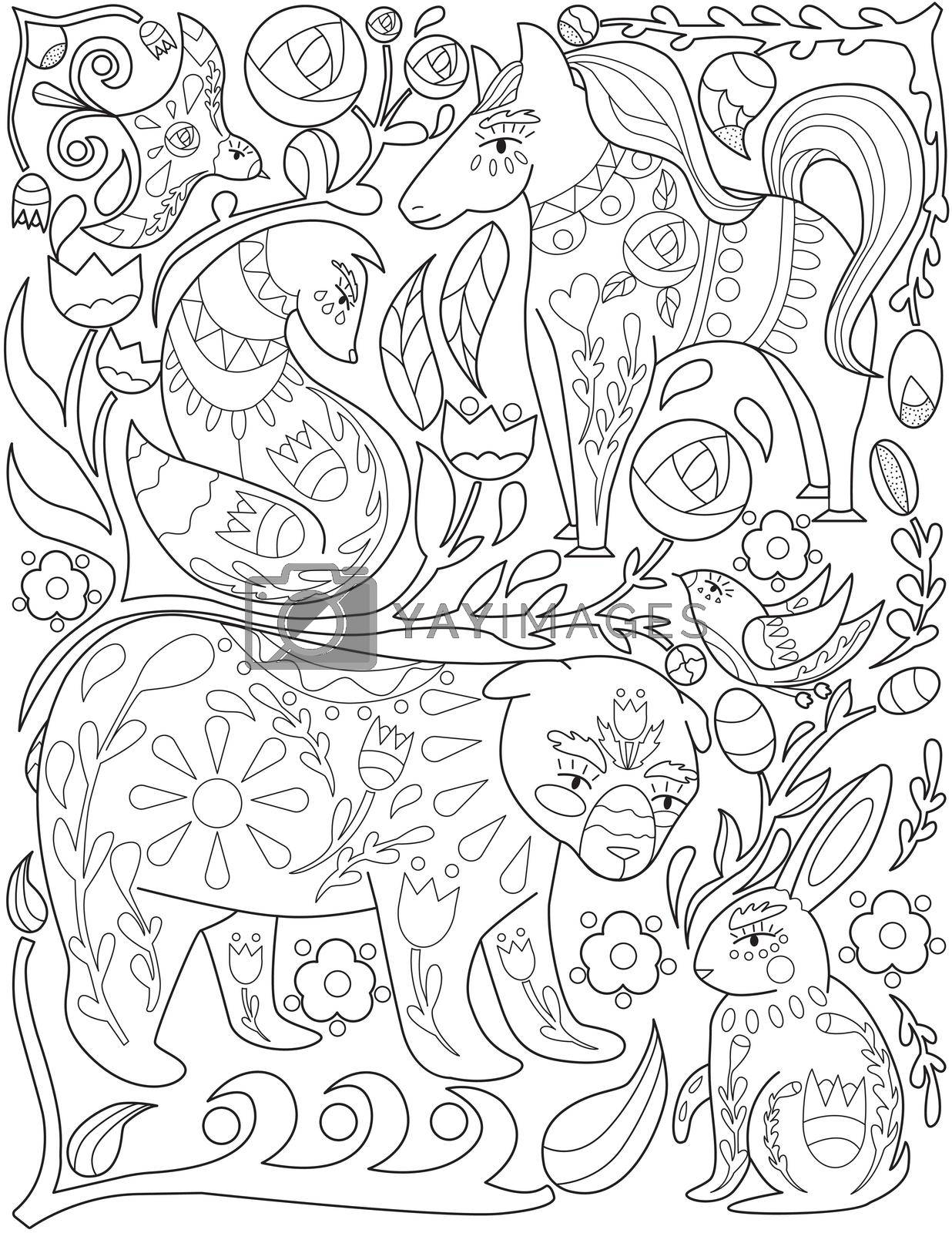 Royalty free image of Different Animals Fox Bird Hare Dog Fox Horse Colorless Line Drawing. Multiple Wildlife Creatures Rabbit Birds Canine Bear Coloring Book Page. by nialowwa