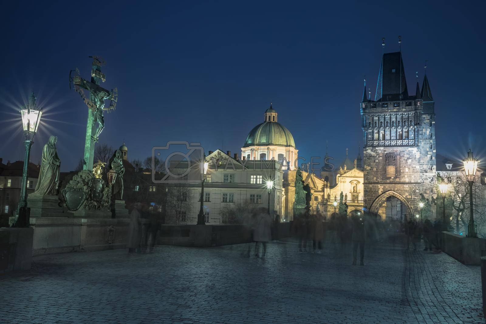 Royalty free image of Charles bridge illuminated at night, Medieval Prague, Czech Republic by positivetravelart