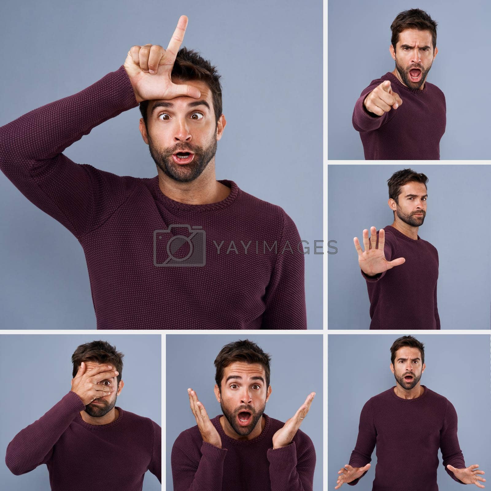 Royalty free image of Its great to be silly sometimes. Composite shot of a young man expressing different types of facial expressions inside of a studio. by YuriArcurs