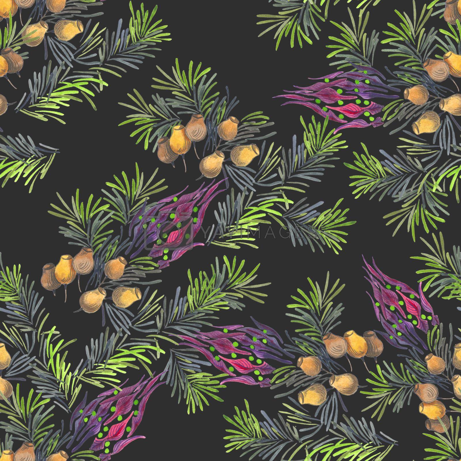 Royalty free image of Seamless pattern of pine fir branches of Christmas tree with cones and flowers decorative design element by fireFLYart