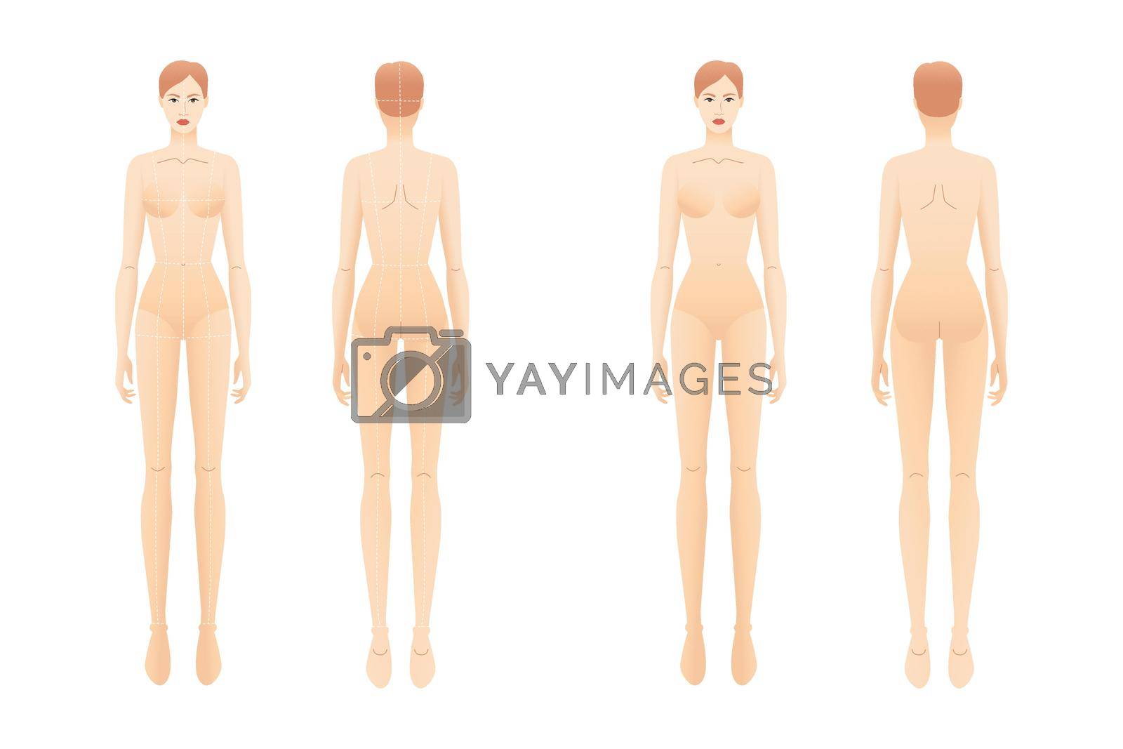 Fashion template of nude standing women with and without main lines. 9 head size croquis for technical drawing. Lady figure front and back view. Vector outline girl fashion sketching and illustration