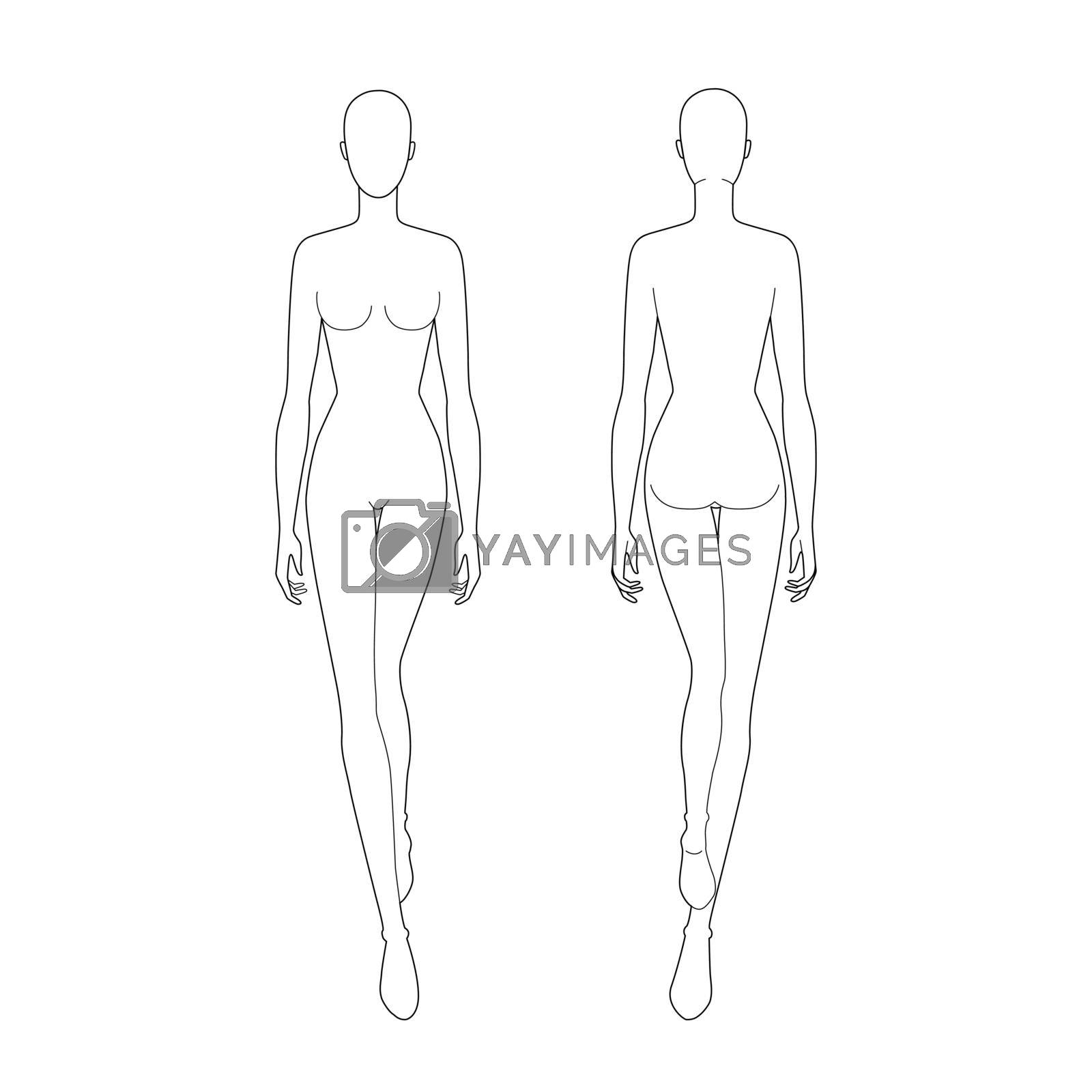 Fashion template of walking lady. 9 head size for technical drawing. Womans figure front and back view. Vector outline girl template for fashion sketching and illustration.