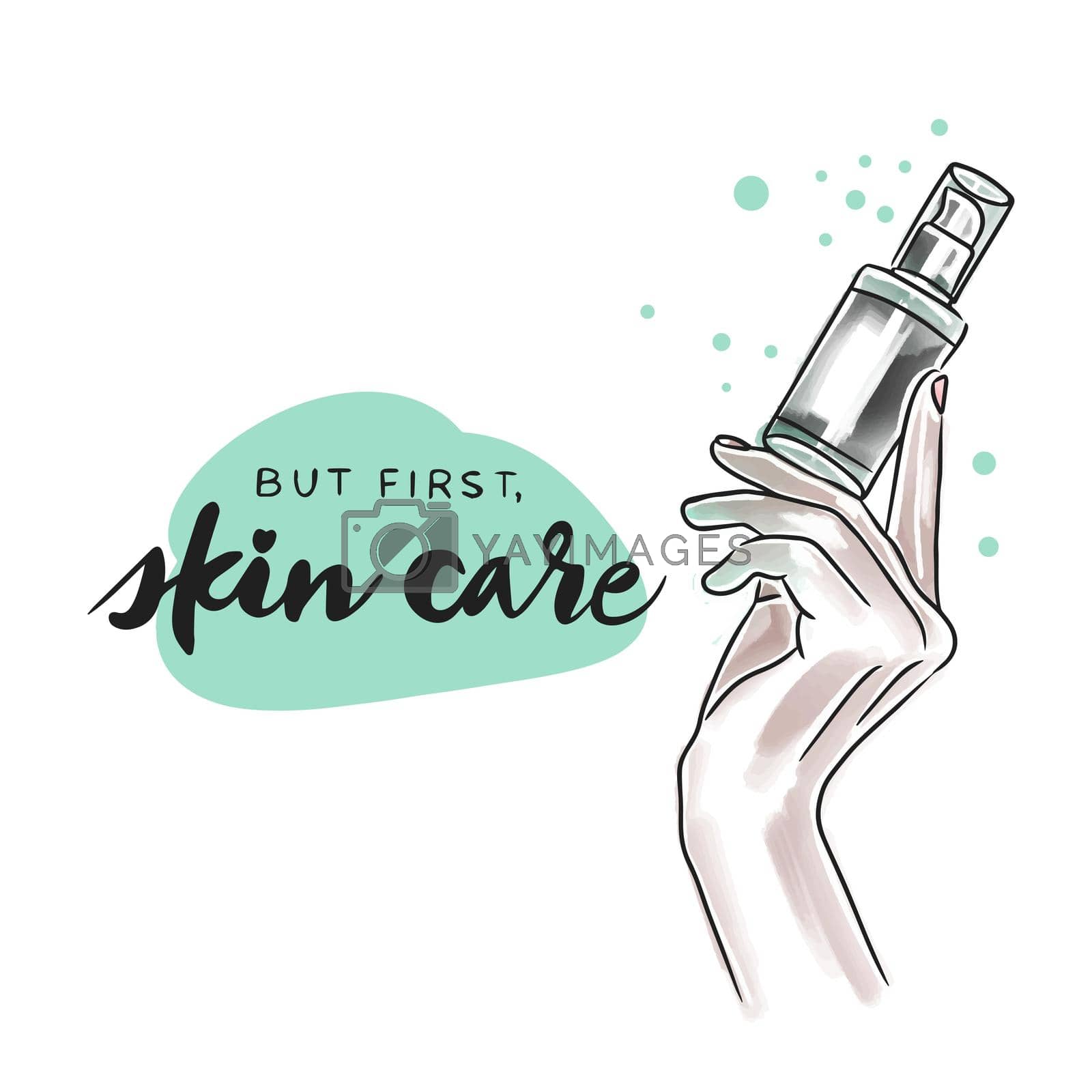 Royalty free image of But first skin care, handwritten lettering, skin care cosmetics, hand holding a bottle of cosmetic product by anjdonets