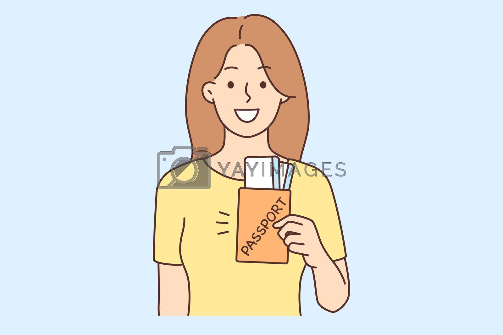 Smiling young woman with passport excited about journey. Happy female traveler or tourist with documents overjoyed with adventure. Travel and tourism. Vector illustration.