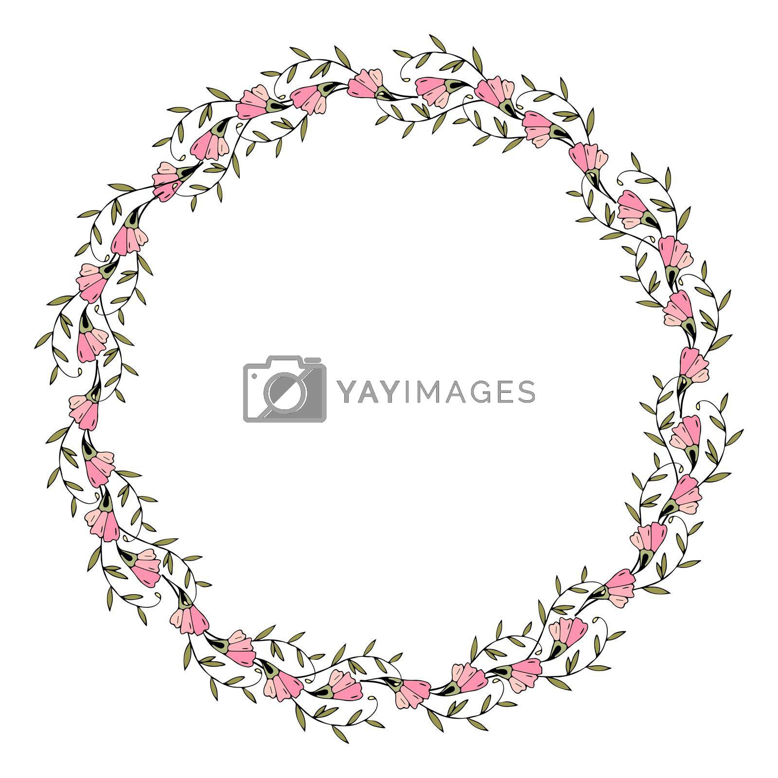 Royalty free image of Wreath flowers hand drawn doodle, wedding decoration, round frame. by Margo
