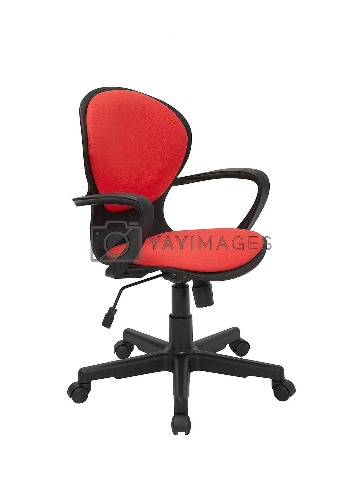 Royalty free image of red office fabric armchair on wheels isolated on white background, side view by artemzatsepilin