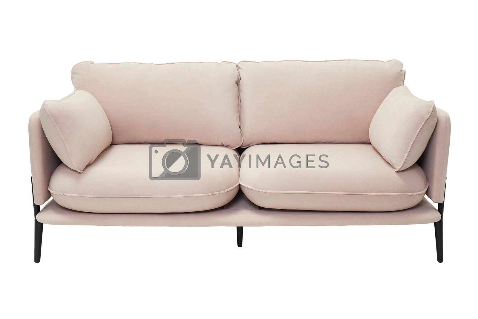 Royalty free image of Modern pink fabric couch with legs isolated on white background, front view by artemzatsepilin