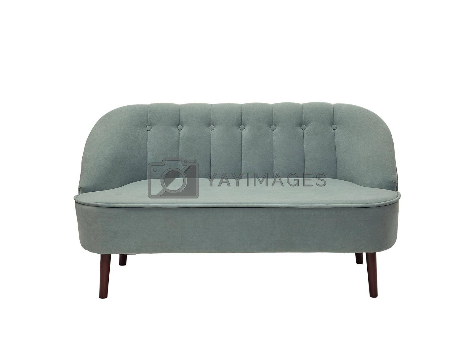 Royalty free image of vintage blue fabric sofa isolated on white background, front view. retro couch by artemzatsepilin