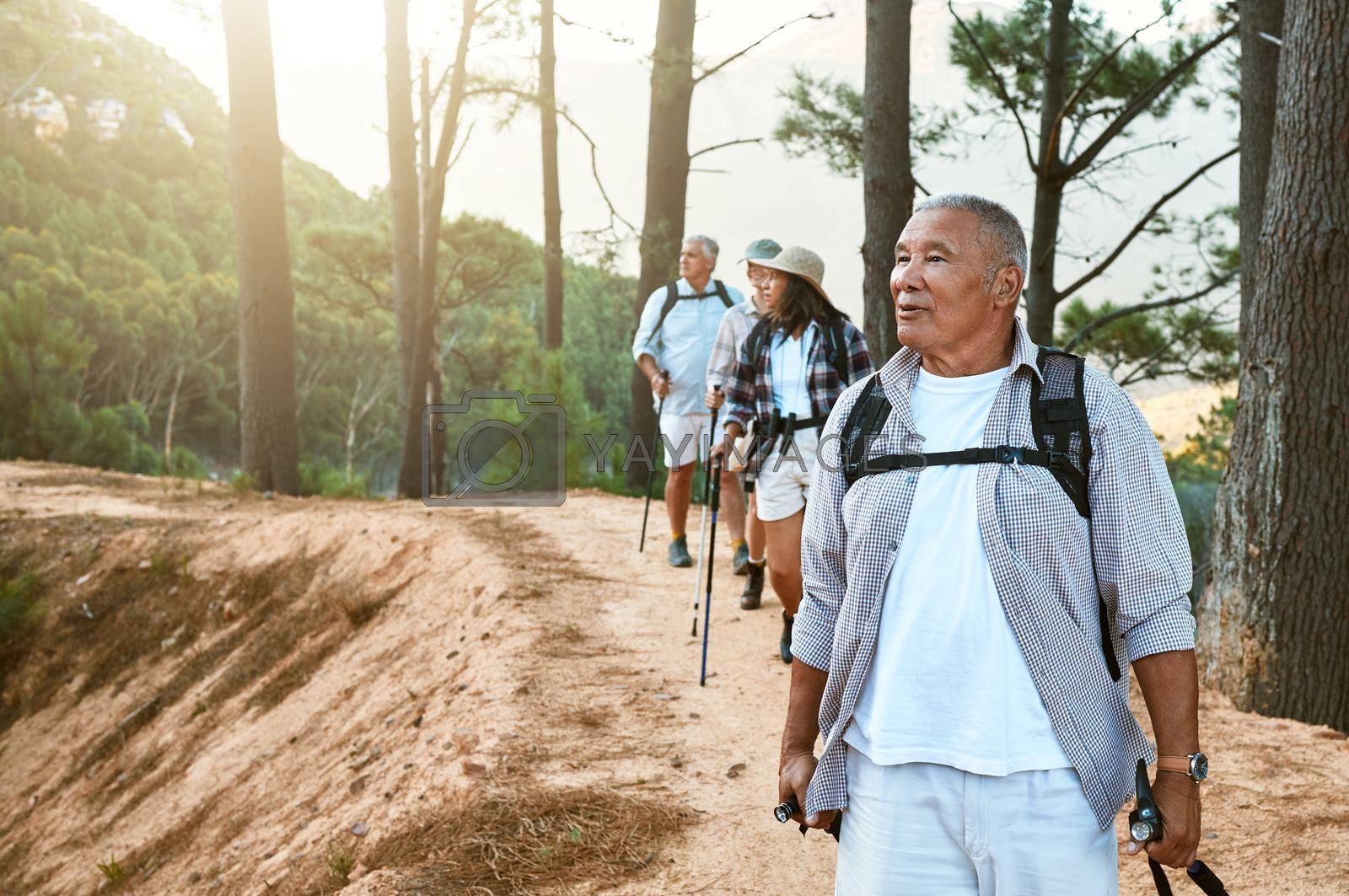 Royalty free image of Hiking, old and adventure seeking Asian man staying active, healthy and fit in twilight years. Tourists or friends travel doing recreation exercise and explore nature on wellness getaway or retreat by YuriArcurs