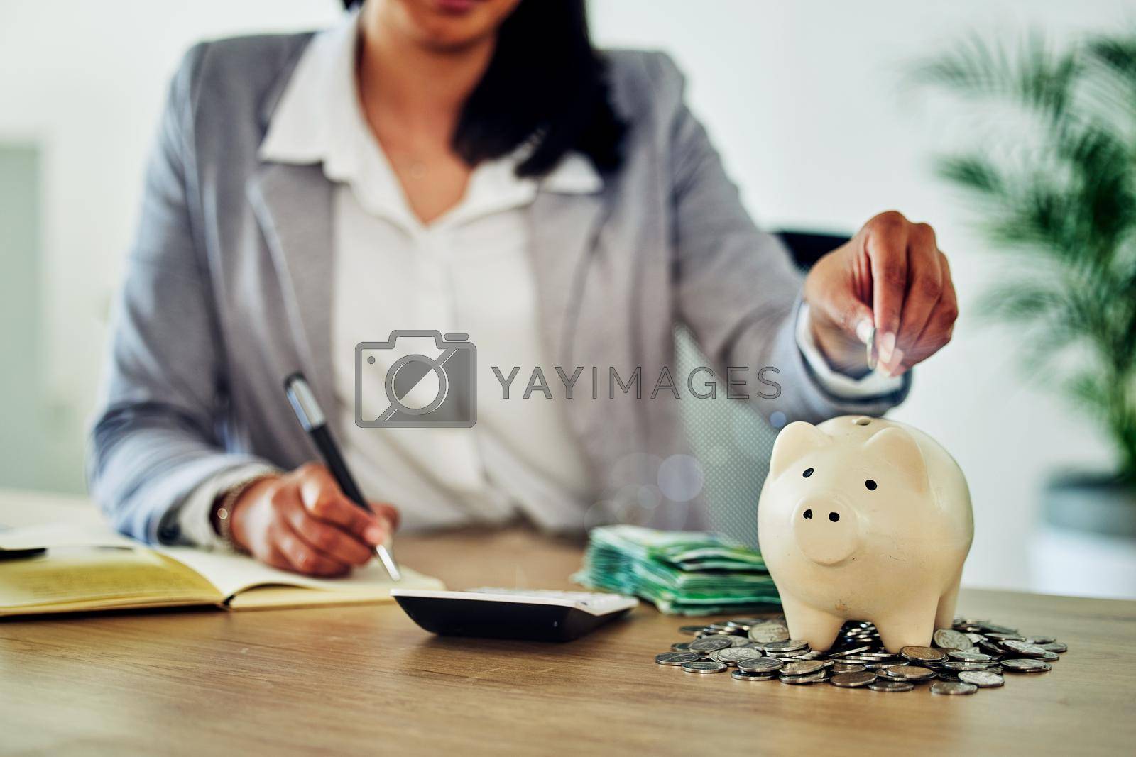 Royalty free image of Finance, planning and saving with budget tracking, counting personal finances and family money management. Woman calculating cash and coins in piggy bank for future bills, retirement or holiday funds by YuriArcurs