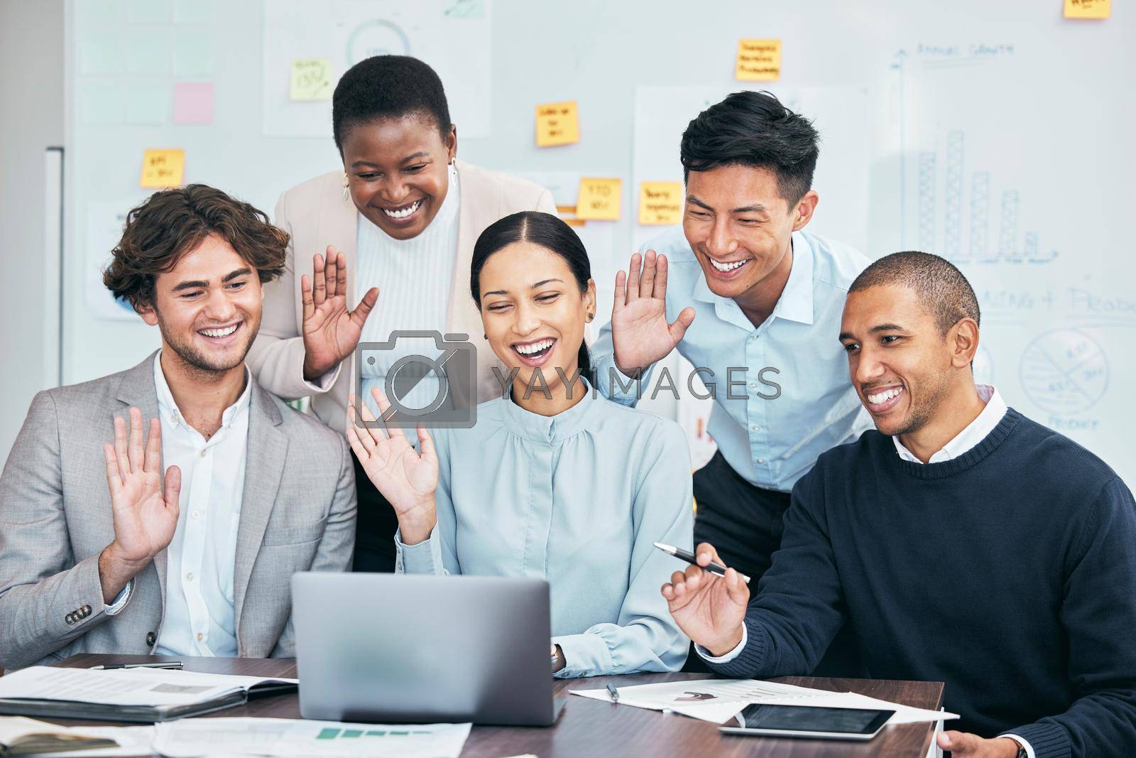 Royalty free image of Online team meeting, videocall or conference coaching zoom call in advertising agency. Office businesspeople or interns on motivational, leadership development and business marketing strategy webinar by YuriArcurs