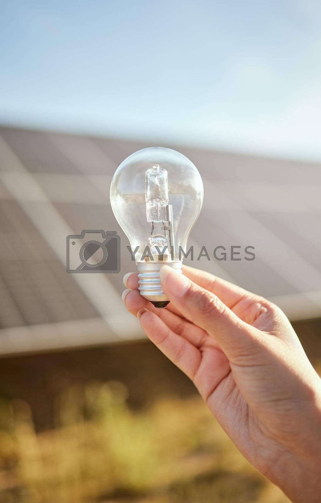 Royalty free image of Mockup of hand with light bulb for solar energy in nature, sustainability for green change and clean energy for future environment. Research in sustainable industry and innovation with electricity by YuriArcurs