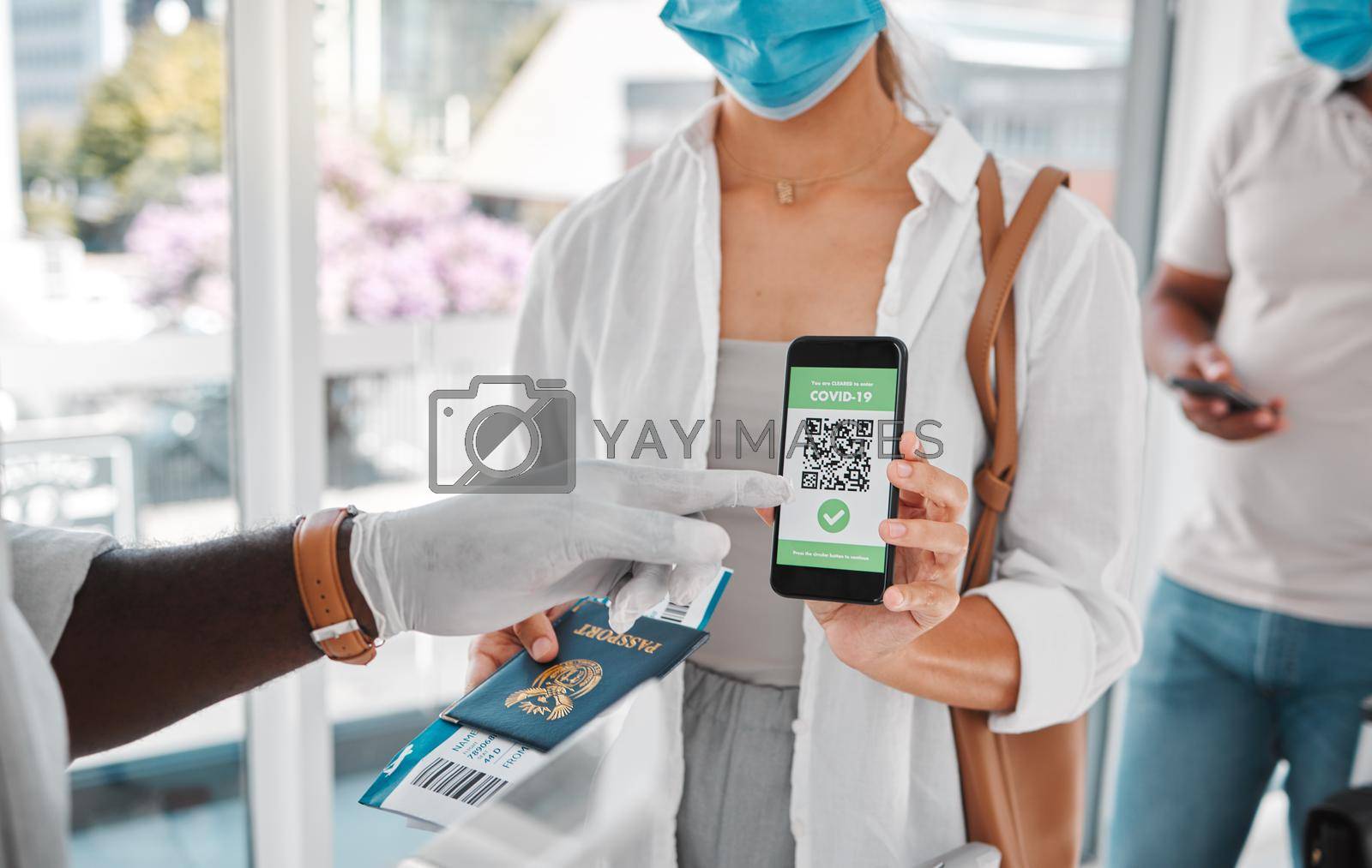 Covid passport, travel and QR code with immigration, travel and safety at an airport with security during travel restrictions. Identity document and refugee in a mask in the corona virus pandemic.
