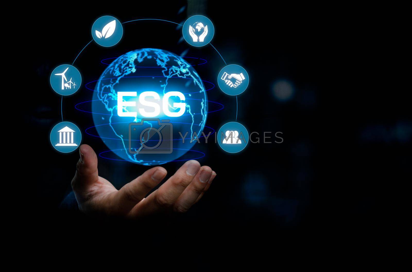 Royalty free image of Businessman touching ESG Environmental Social Governance virtual screen Internet Business Technology Concept. by aoo3771