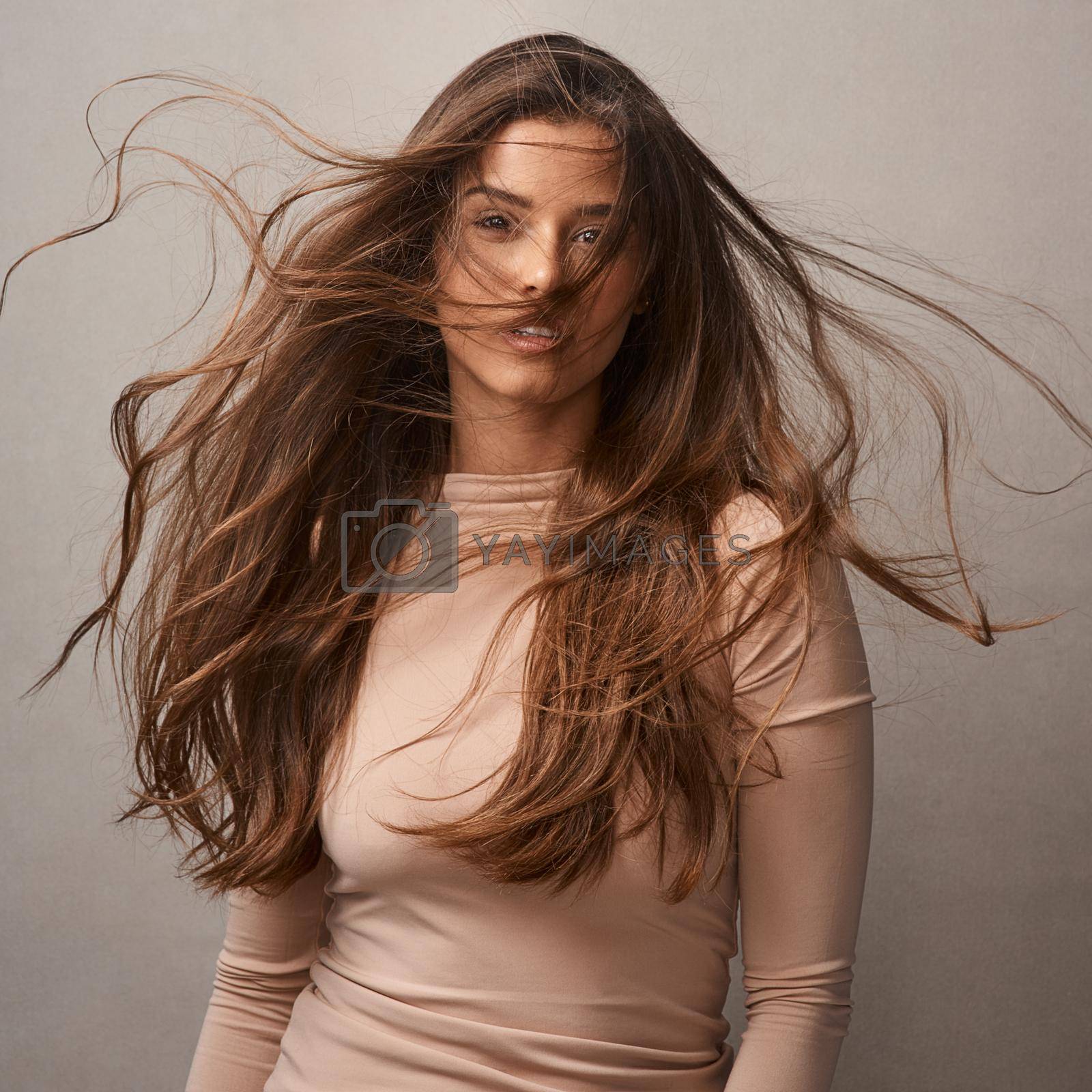 Royalty free image of Your hair is a crown you never take off. Portrait of a beautiful young woman posing with the wind in her hair in studio. by YuriArcurs