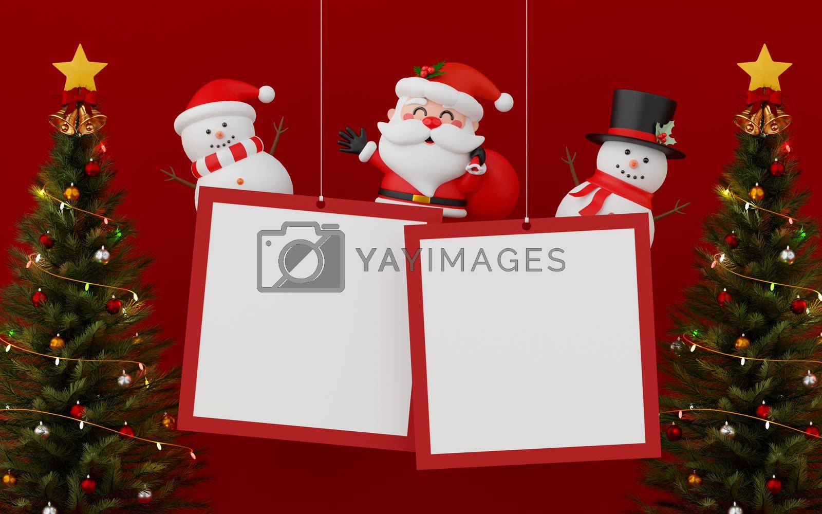Royalty free image of 3d illustration of Hanging blank photo frame with Santa Claus, snowman and Christmas tree by nutzchotwarut