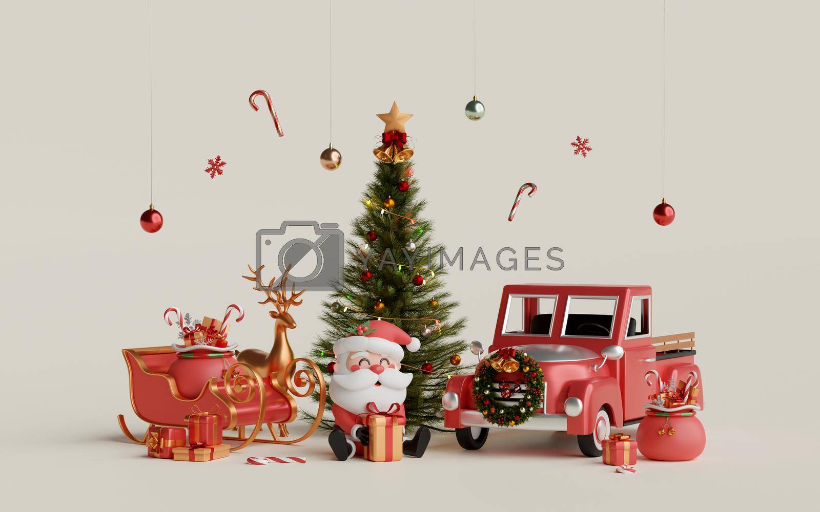 Christmas 3d illustration of Christmas celebration with Santa Claus and Christmas decoration