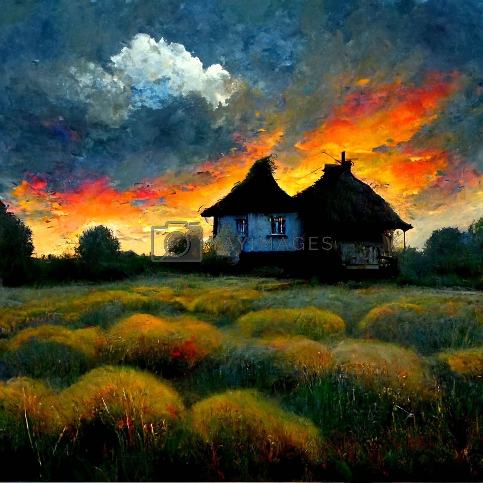 Sunset countryside landscape with farm, agriculture field and houses. Digital generated illustration of rural scene, farmland with granary, meadow, fence in orange sun clouds.