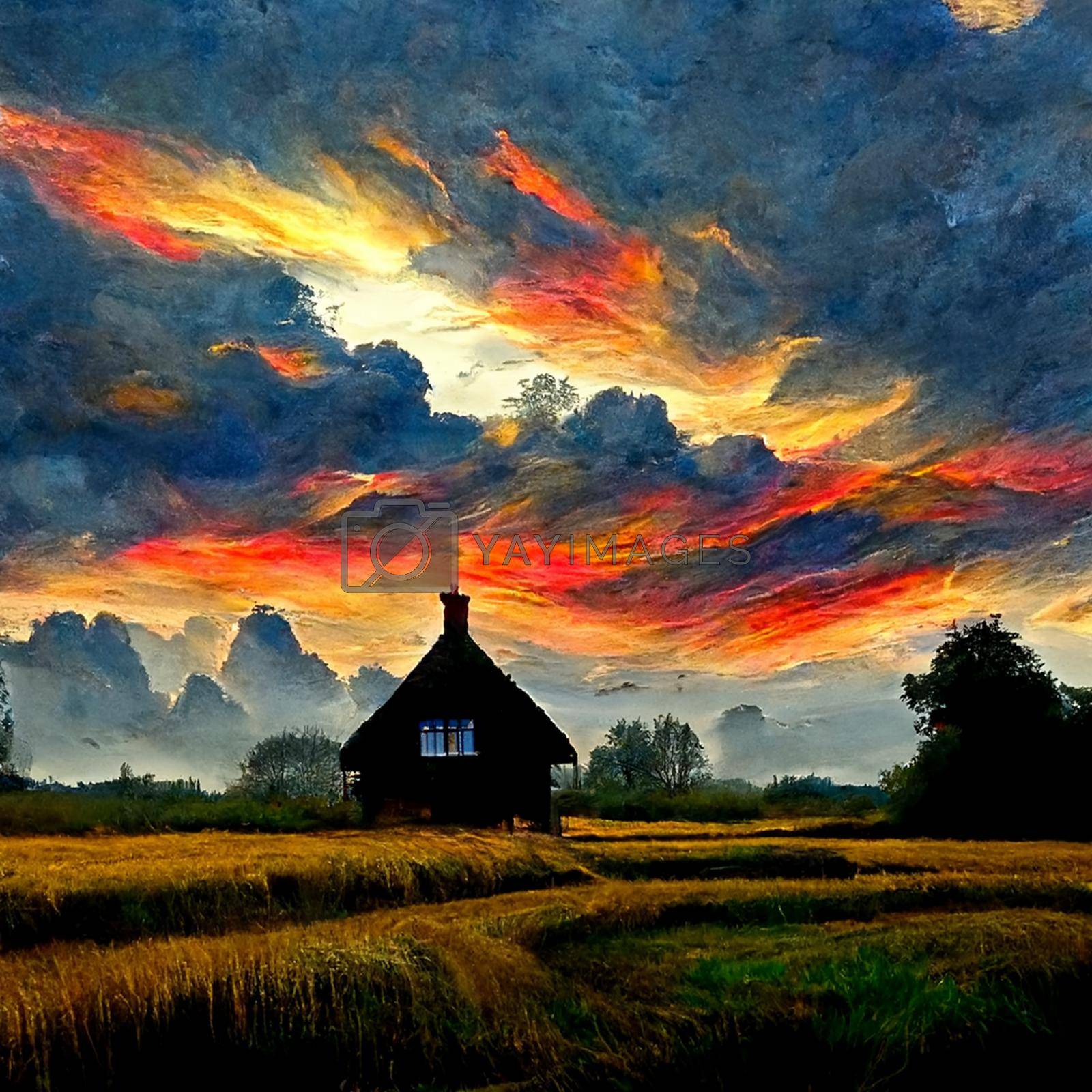 Sunset countryside landscape with farm, agriculture field and house. Digital generated illustration of rural scene, farmland with granary, meadow, fence in orange sun clouds.
