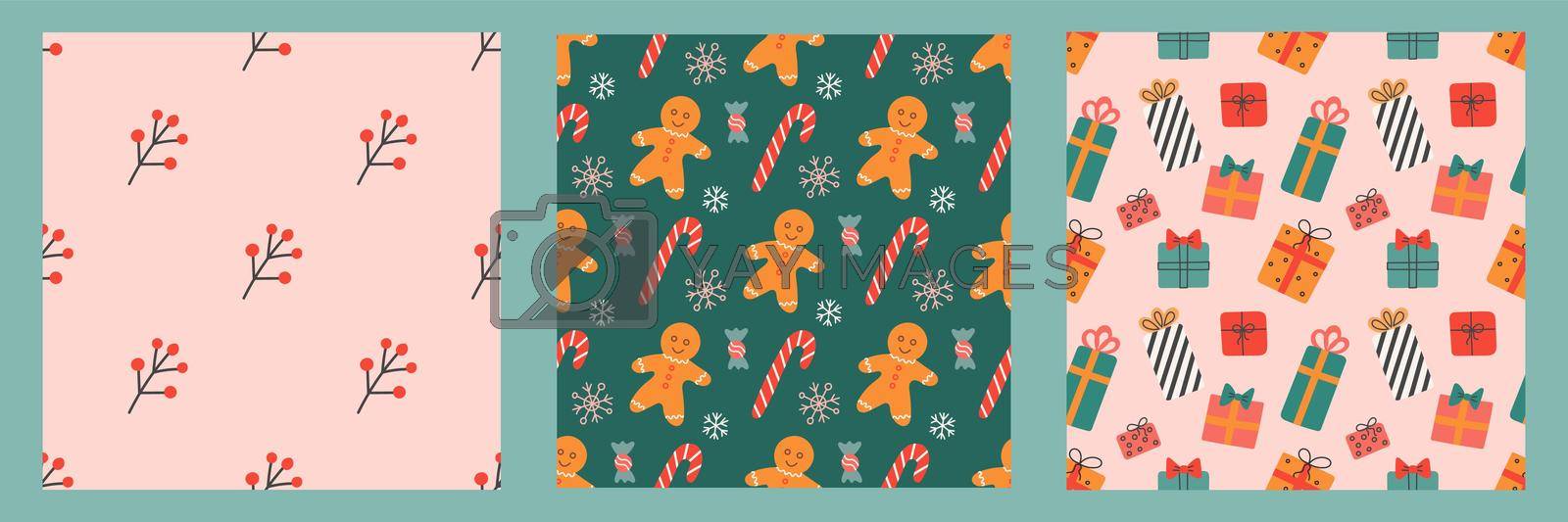 Set of seamless patterns for Christmas and New Year. Vector cute holiday backgrounds.