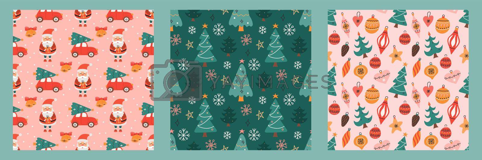 Set of seamless patterns for Christmas and New Year. Vector cute holiday backgrounds.