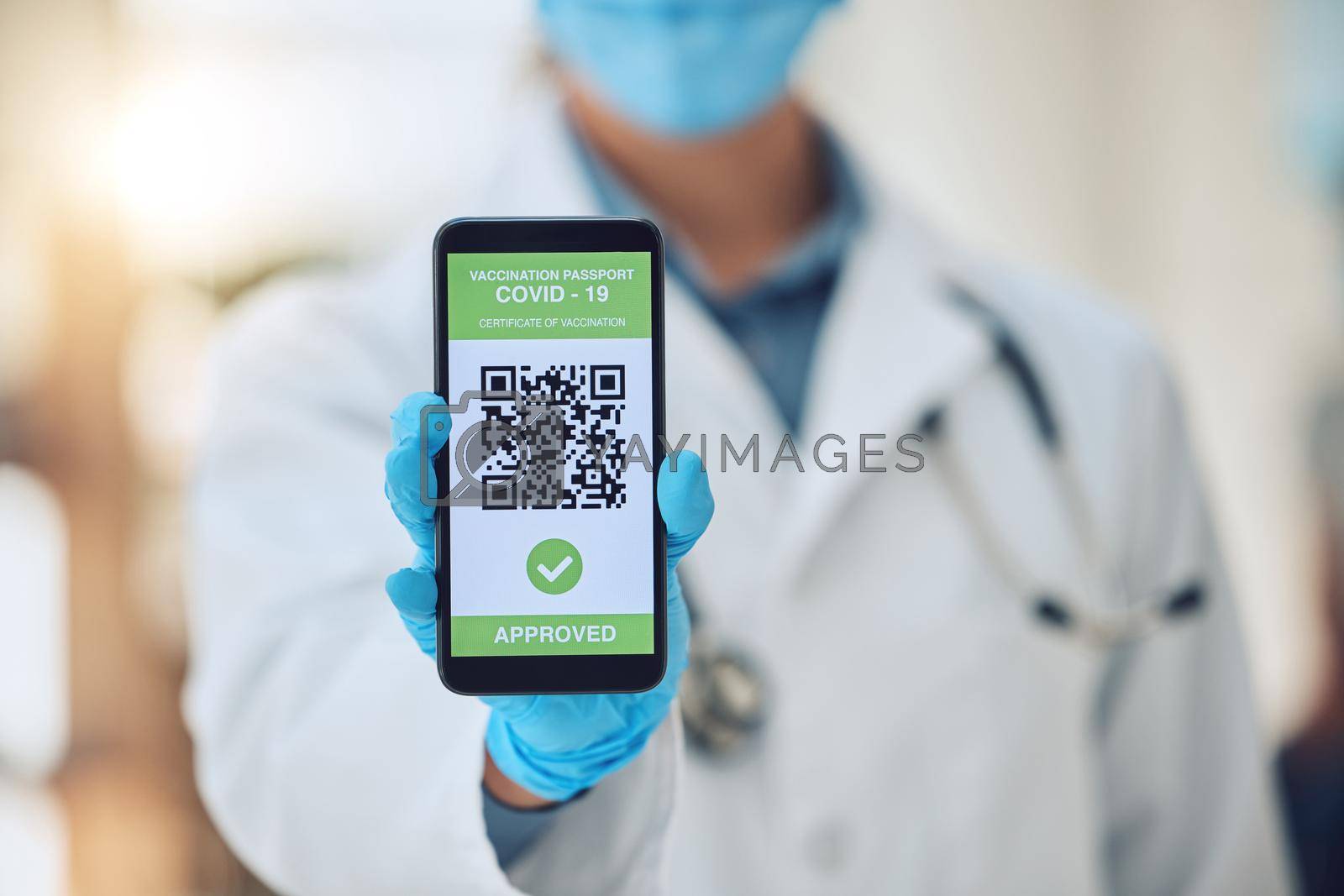 Royalty free image of Doctor covid travel, vaccine passport on smartphone and vaccination certificate. International immigration, digital health innovation app, qr code technology and airport security regulation check by YuriArcurs