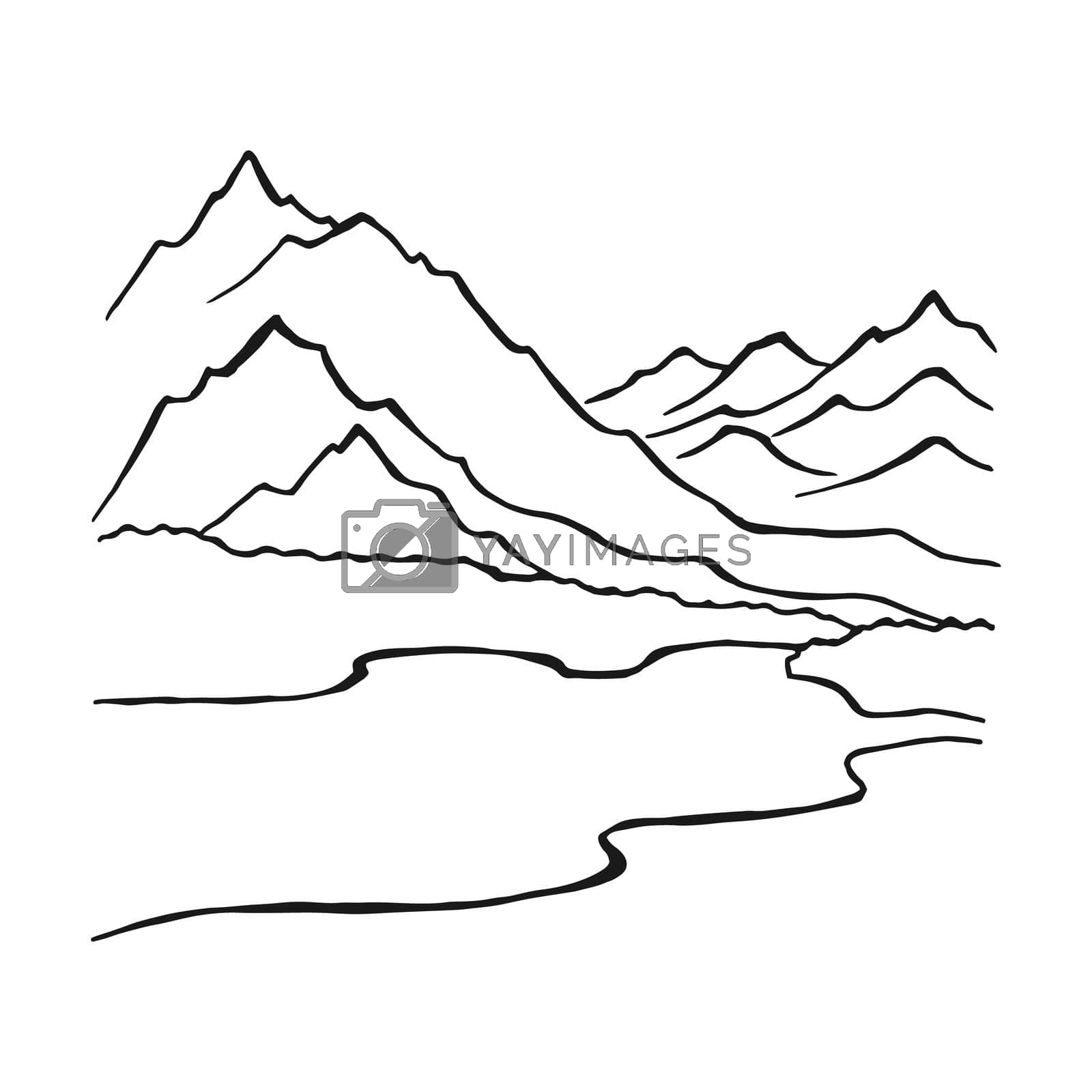 Landscape with mountains and forest. Hand drawn illustration converted to vector.